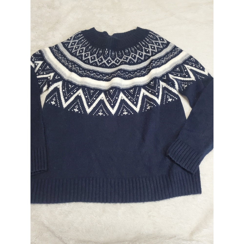 Talbots Blue White Beaded Wool Fair Isle Sweater Large Cozy Casual Classic